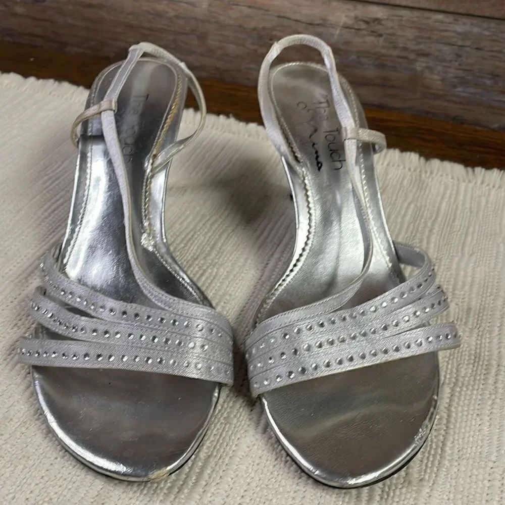 The Touch of Nina Strappy Heels, Size 7, Silver with Rhinestones